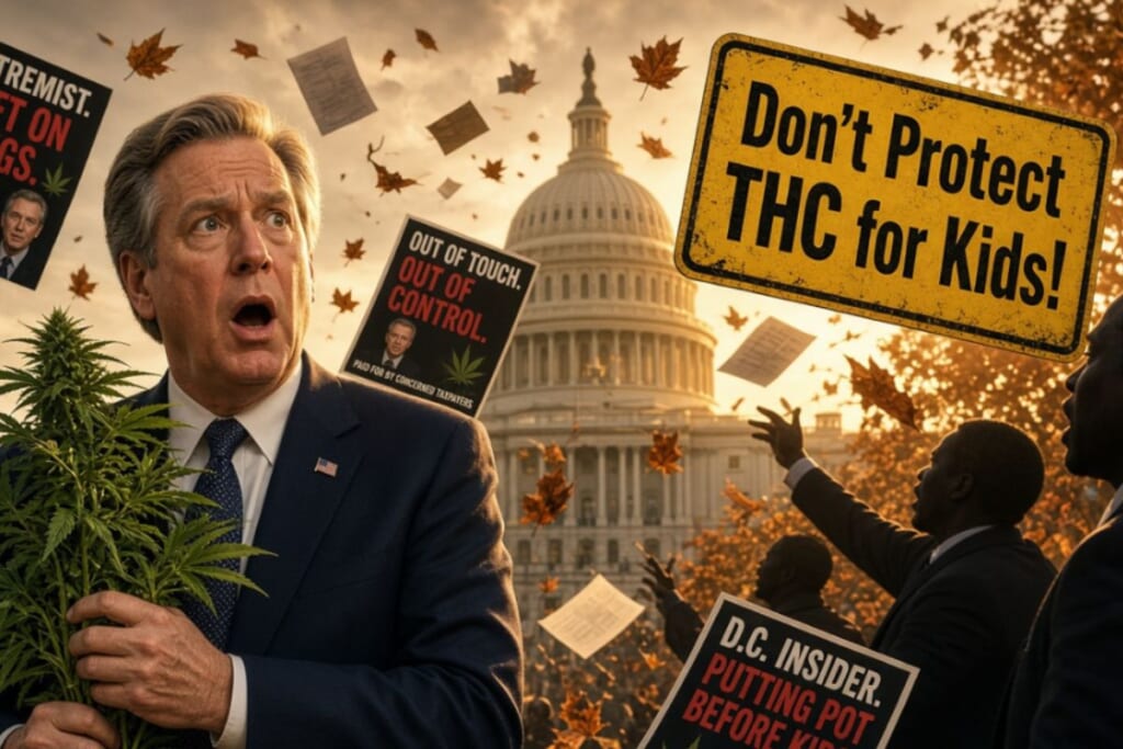 アメリカ国会議事堂を背景に、大麻草を抱えて驚いた表情のスーツ姿の男性。周囲には「Don’t Protect THC for Kids!」や「OUT OF TOUCH. OUT OF CONTROL.」などのプラカードが掲げられ、落ち葉が舞っている。