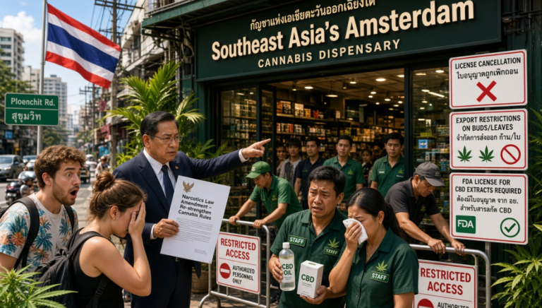 バンコクのPloenchit Rd.にある「Southeast Asia's Amsterdam」大麻ディスペンサリー前で、役人が「Narcotics Law Amendment」の書類を持ち規制を指差し、スタッフや観光客が悲しむ様子。ライセンス取消や輸出制限、CBD抽出物のFDAライセンス要求の看板、タイ国旗が写る
