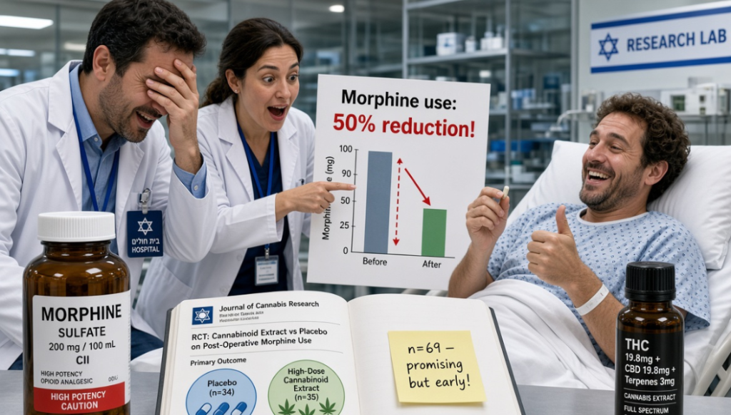 イスラエルの研究ラボで医師たちが「Morphine use: 50% reduction!」のグラフを掲げ喜び、患者も親指を立てる。モルヒネ硫酸塩のボトル、Journal of Cannabis Researchの論文、THC/CBD入りのフルスペクトラム大麻抽出物が並ぶ病院の病室