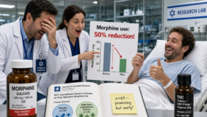 イスラエルの研究ラボで医師たちが「Morphine use: 50% reduction!」のグラフを掲げ喜び、患者も親指を立てる。モルヒネ硫酸塩のボトル、Journal of Cannabis Researchの論文、THC/CBD入りのフルスペクトラム大麻抽出物が並ぶ病院の病室
